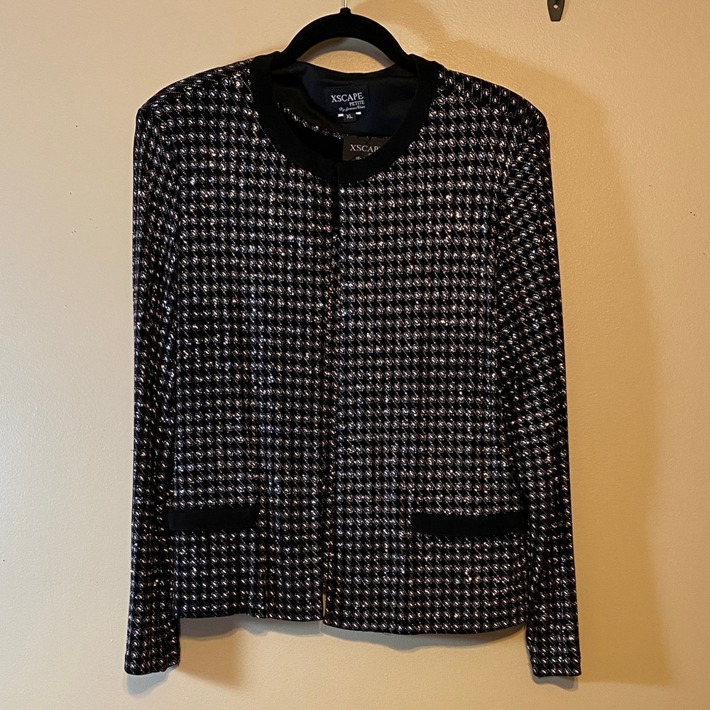 Xscape Women's Twinset Black, Silver Sparkling and White Patterned Blazer